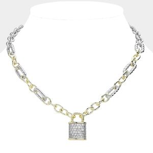 Two Tone CZ 14K Gold Plated Lock Pendant Chain Link Charm Necklace Silver